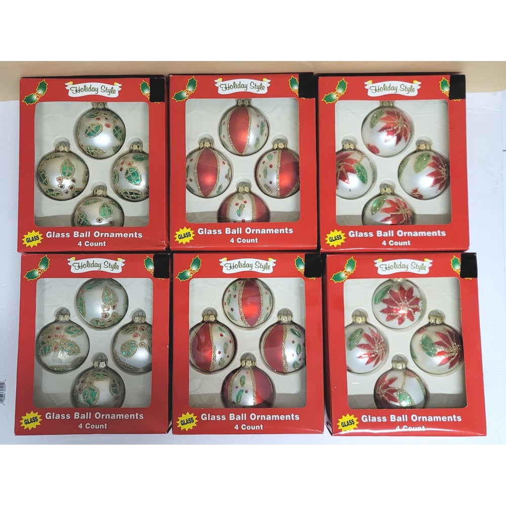 Holiday Style 24pc Glass Ball Ornaments 3" Red Green Poinsettia Gold Glitter